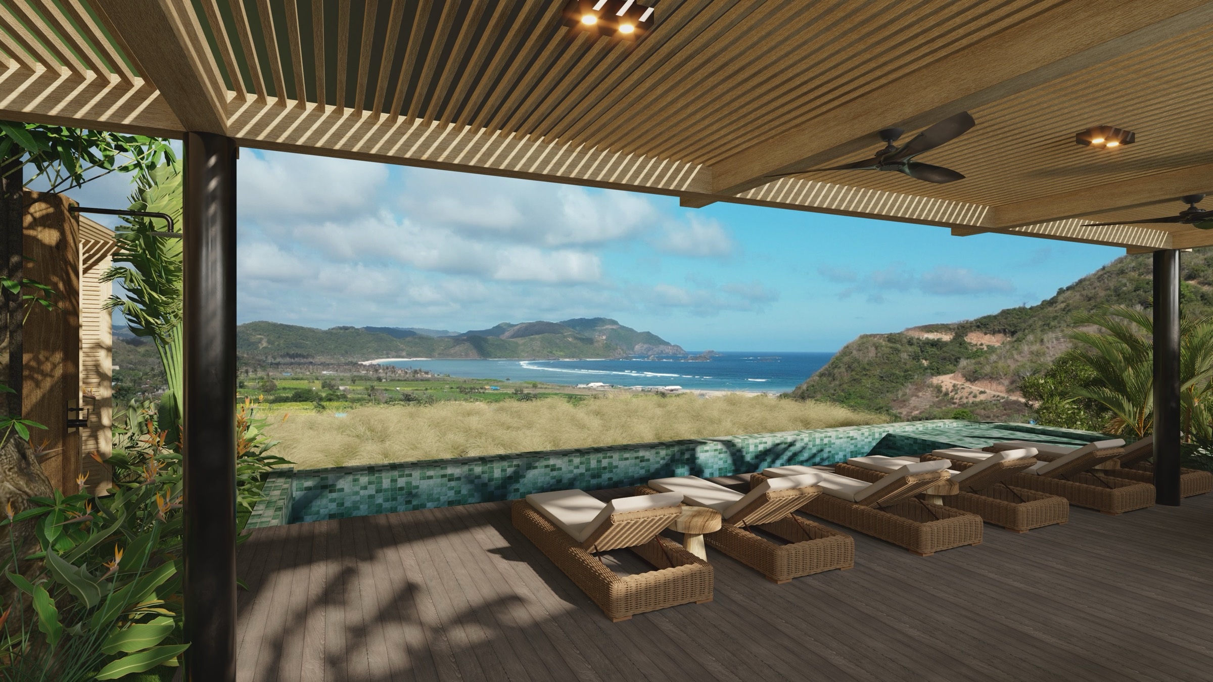 Infinity pool deck overlooking the bay in South Lombok