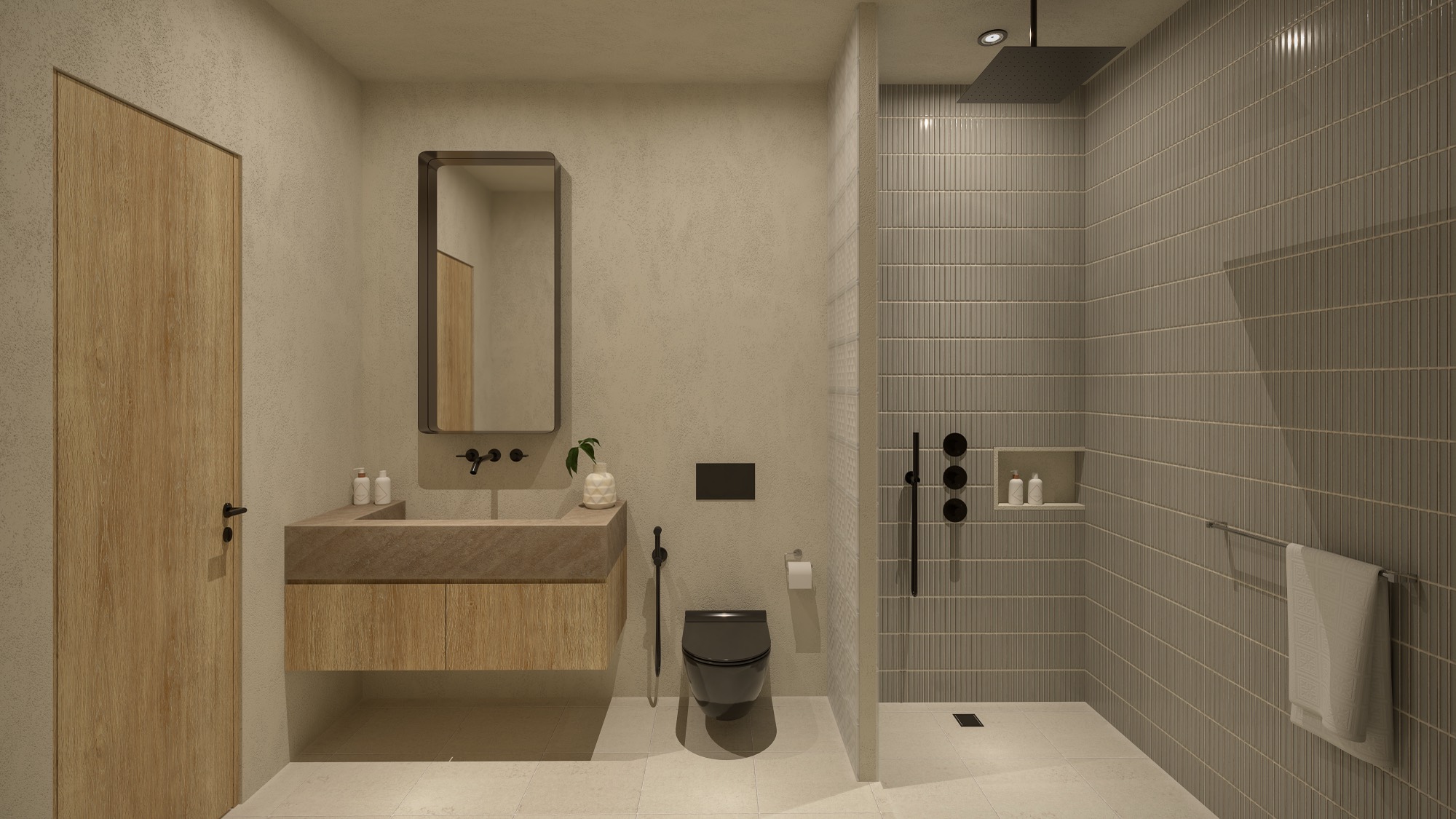 Studio bathroom with walk-in rain shower, stone vanity and matte black fittings